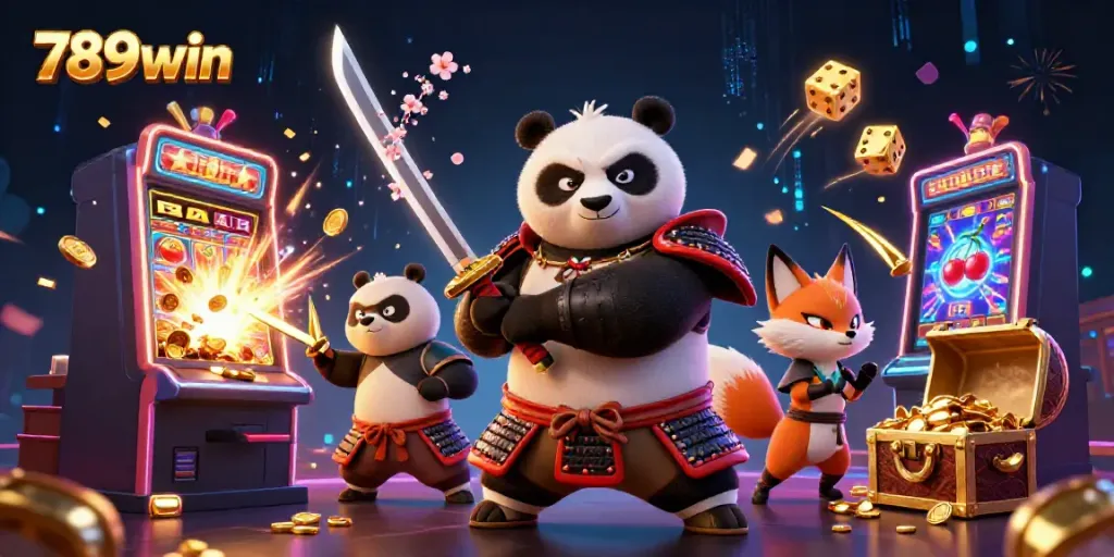 Experience thrilling 789win gameplay with a panda samurai, ninja fox, and magical tanuki amidst exploding slot jackpots.