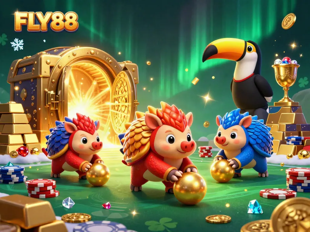 FLY88 features rival pangolins rolling golden balls through poker chips in a dynamic casino scene.