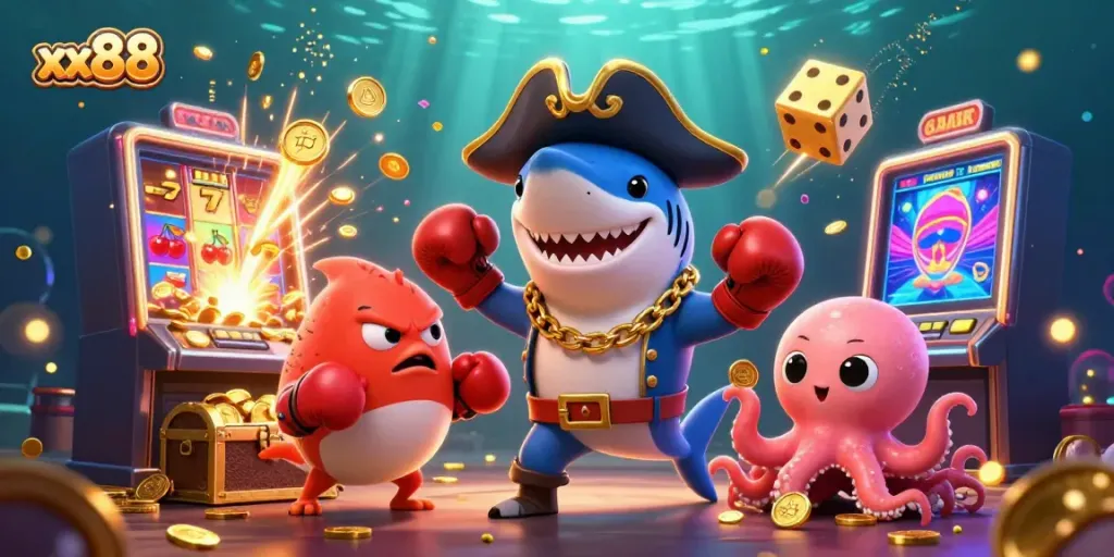 Experience the thrill of xx88 with a vibrant casino-themed 3D illustration featuring a pirate shark and friends!