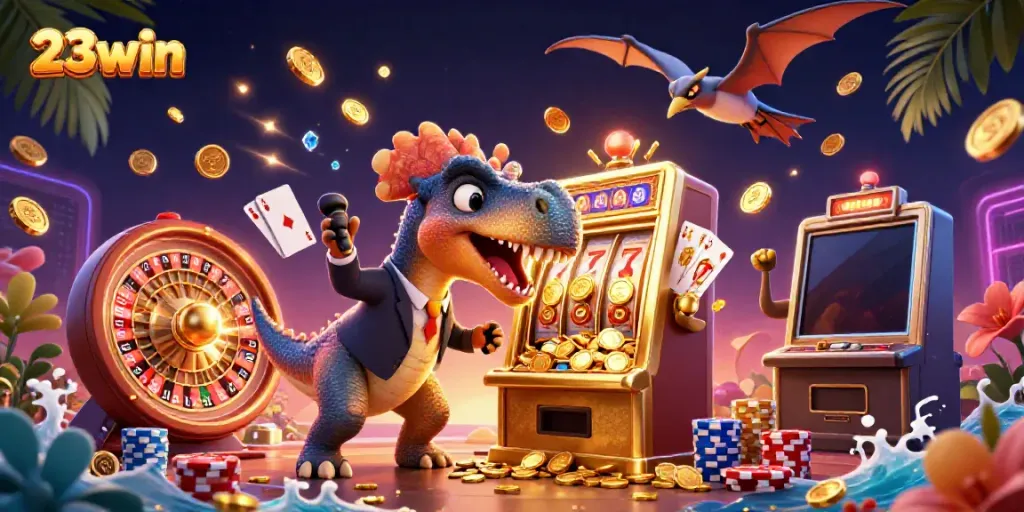 Witness the excitement at 23win as a pachycephalosaurus activates a jackpot, surrounded by colorful casino elements.