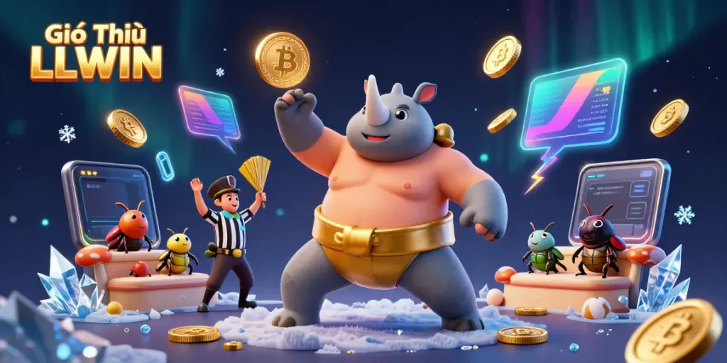 Experience captivating gameplay with Giới Thiệu LLWIN as a sumo champion beetle triumphantly scatters golden coins.