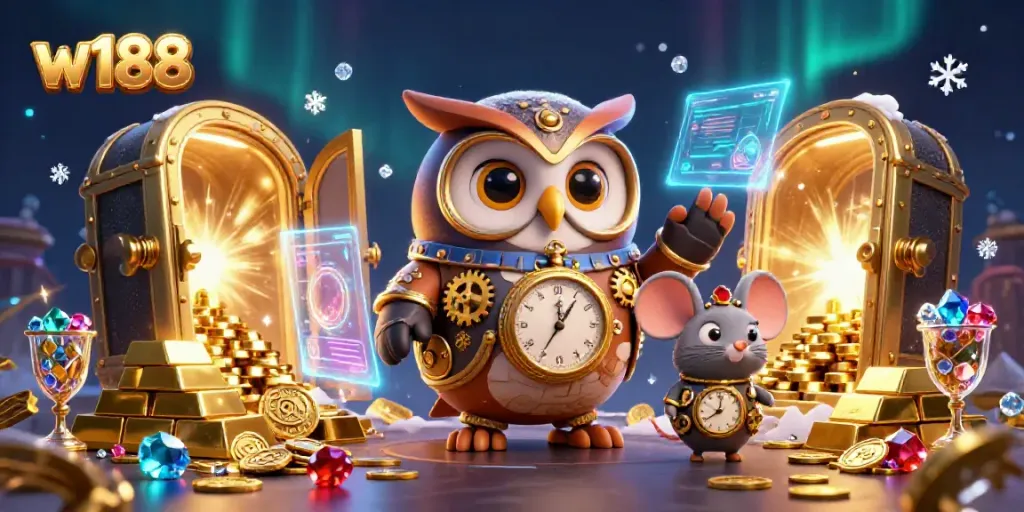 Experience the excitement of w188 with a whimsical 3D casino scene featuring a time-traveling owl and treasures.