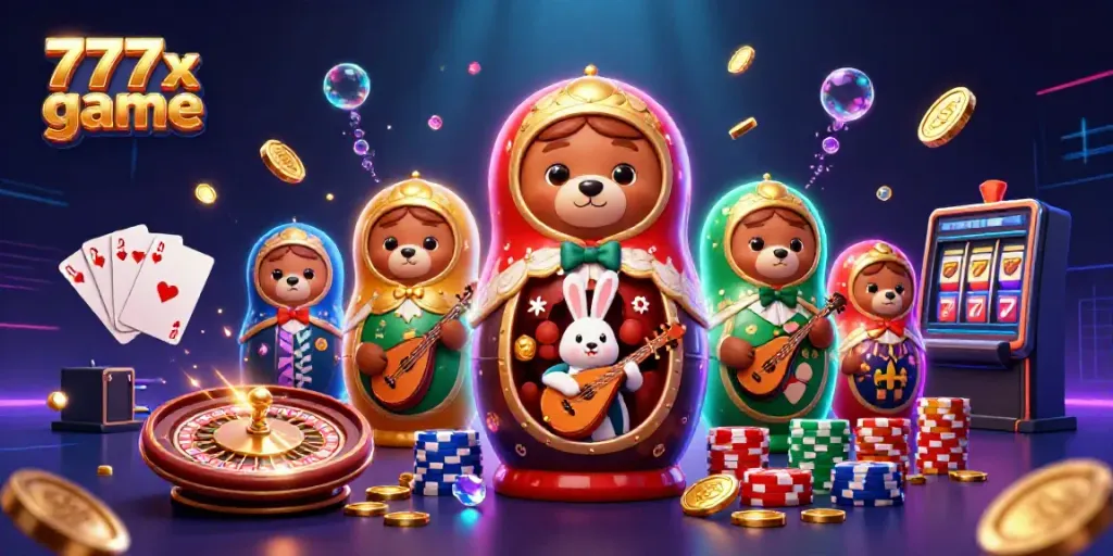 Engage with the dynamic 777x game scene featuring vibrant casino elements and characters.