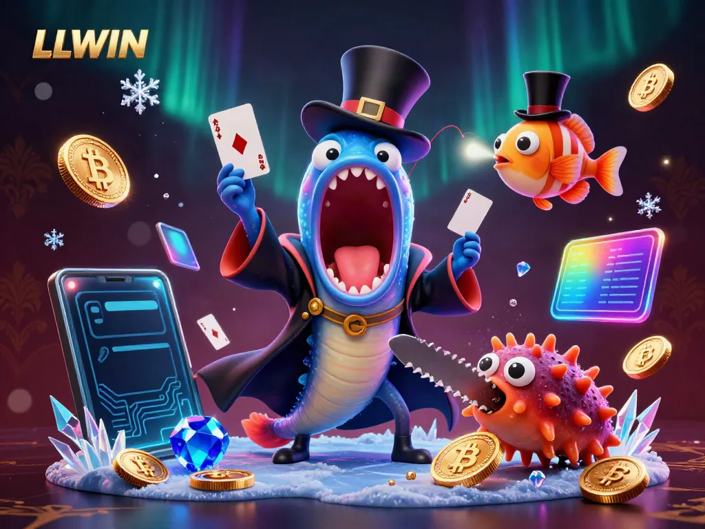 Engage with the energetic scene showcasing LLWIN's vibrant underwater casino world, featuring unique characters and casino-themed elements.