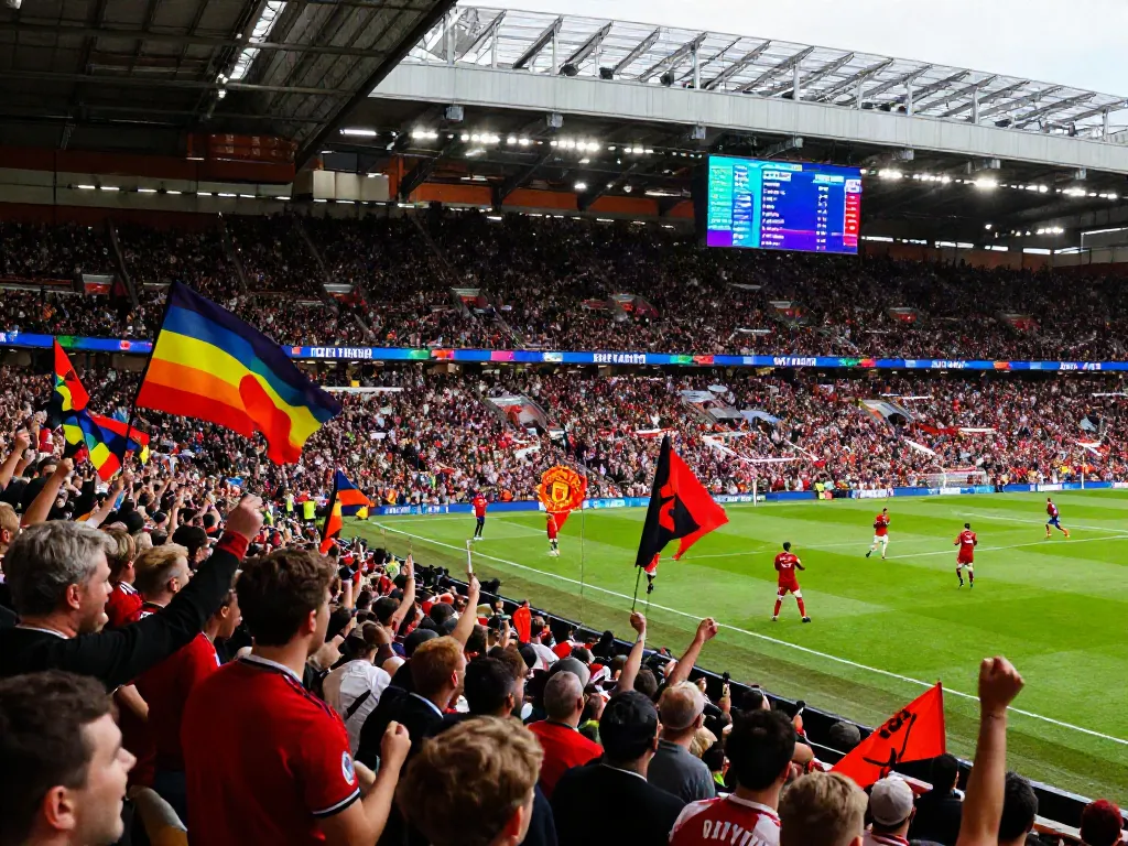 Fans passionately cheering Manchester United and Liverpool in a thrilling match, highlighting the rivalry's intensity. สถิติแมนยู พบ ลิเวอร์พูล.