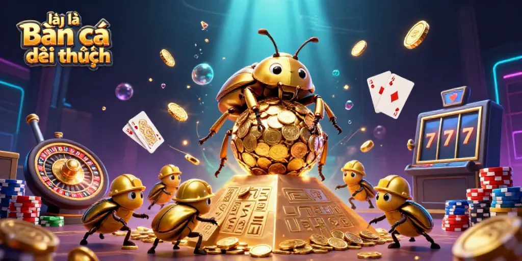Engage in lại là Bắn cá đổi thưởng as a golden beetle rolls coins, creating vibrant excitement.