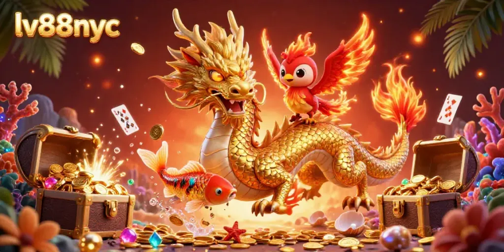 Experience thrilling gaming action with the fierce golden Chinese dragon and lucky koi fish at lv88nyc.
