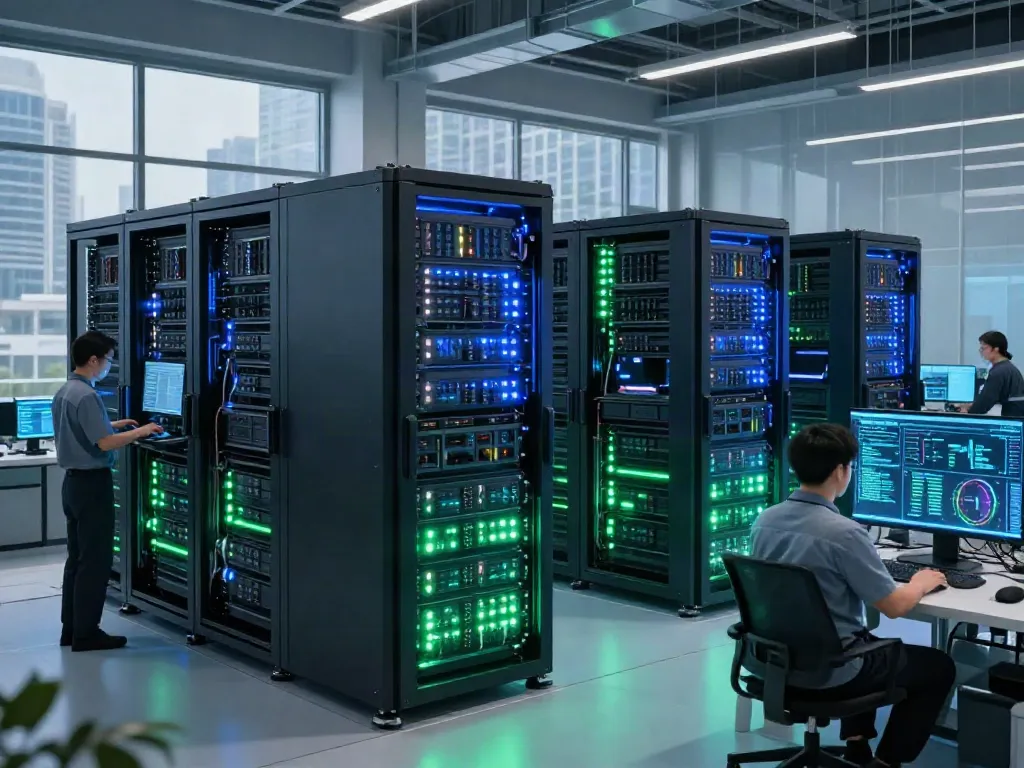 Advanced AI data center with GPU racks and analytics displays.