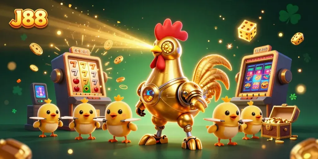 A festive display of J88 with a golden rooster robot and chick drones celebrating casino jackpots.