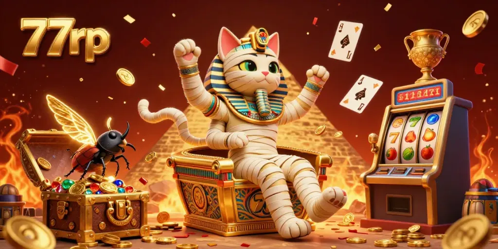 Experience the thrill of 77rp with an Egyptian mummy cat in a dynamic casino setting.