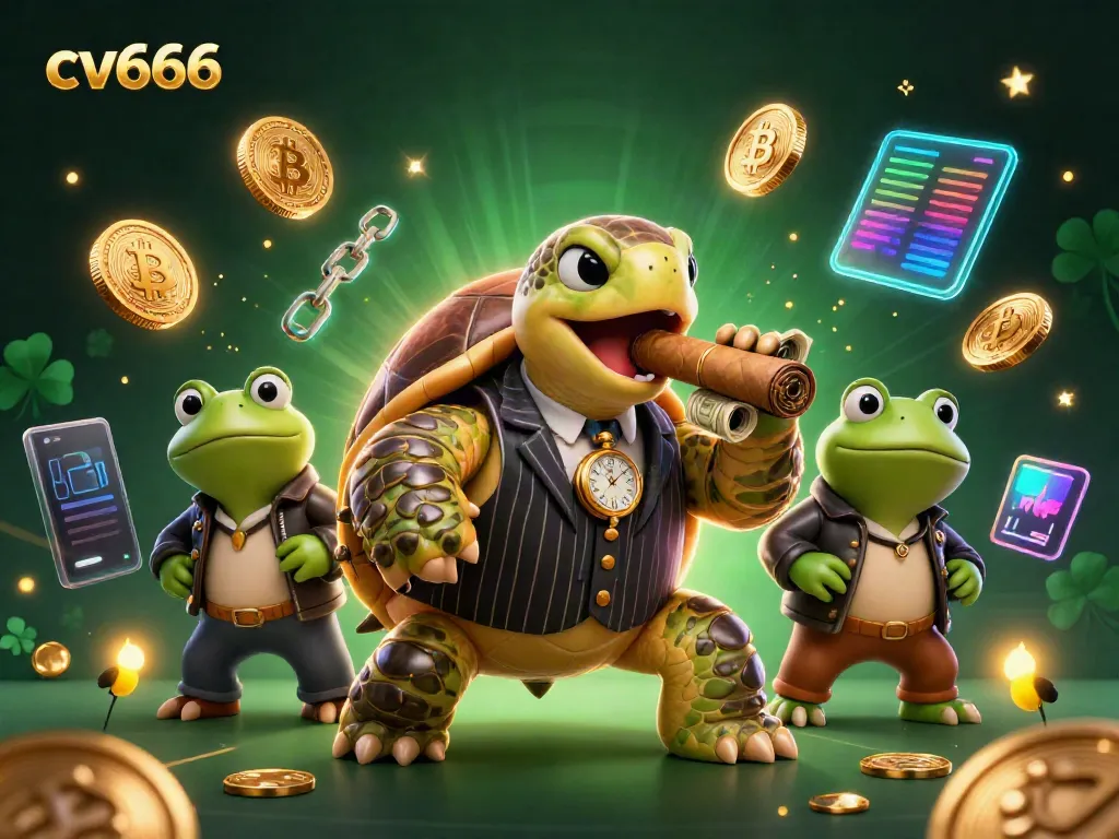 Experience thrilling wins at cv666 with a vibrant 3D casino scene featuring snapping turtles and crypto elements.