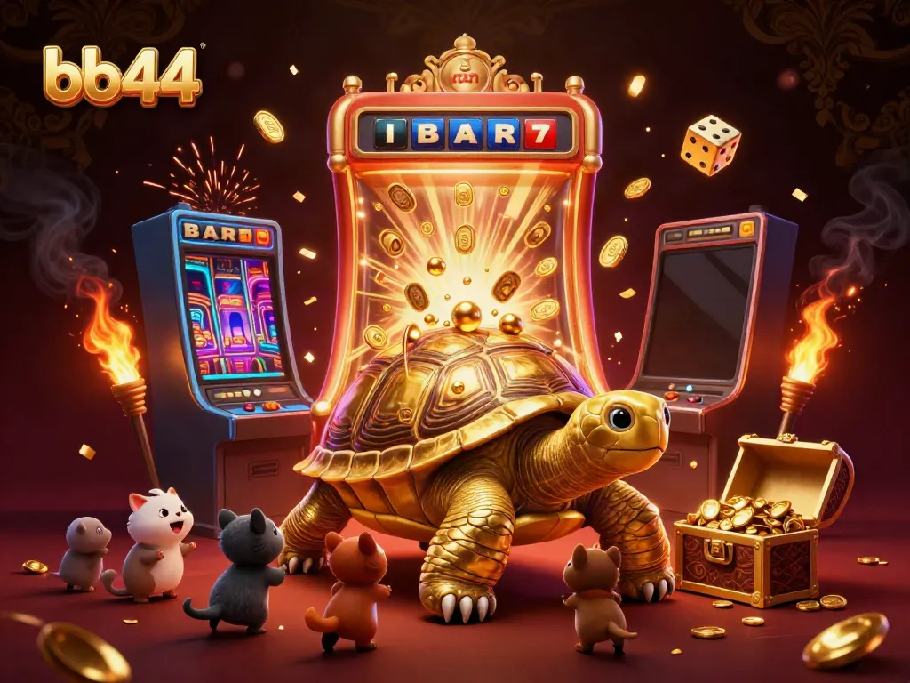 Engage with the thrilling scene featuring bb44, a golden tortoise pinball machine, and a vibrant casino explosion.