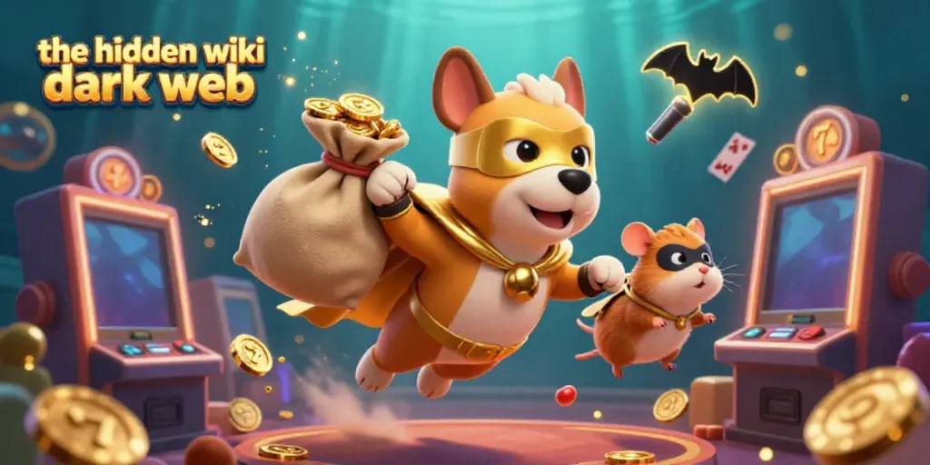 Engage with the hidden wiki dark web through a vibrant casino illustration featuring a superhero dog and colorful slot machines.