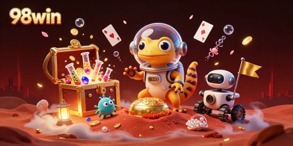 98win Martian gecko explores a golden casino on Mars, with robots and treasures.