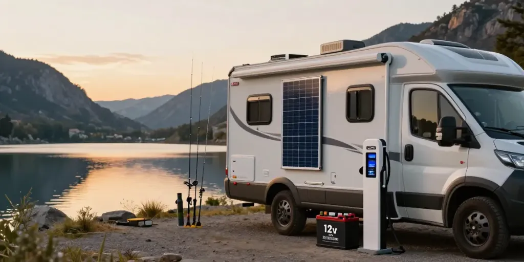 Displaying a 12v lithium battery alongside outdoor gear near a lake at sunset.