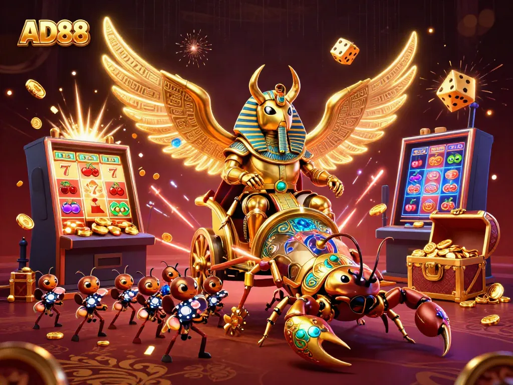 Spin the reels with AD88 as a colossal golden scarab and scorpions explode with casino treasures.