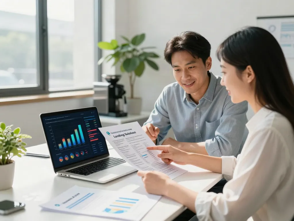 Financial advisor guiding couple through Alberta loans options in a modern office setting.