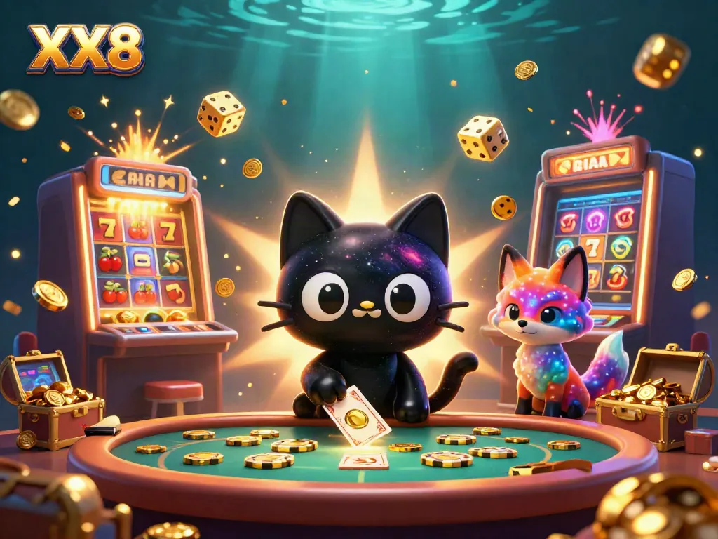 Experience the excitement of XX8 casino with a captivating 3D cosmic scene featuring vibrant characters and gambling symbols.