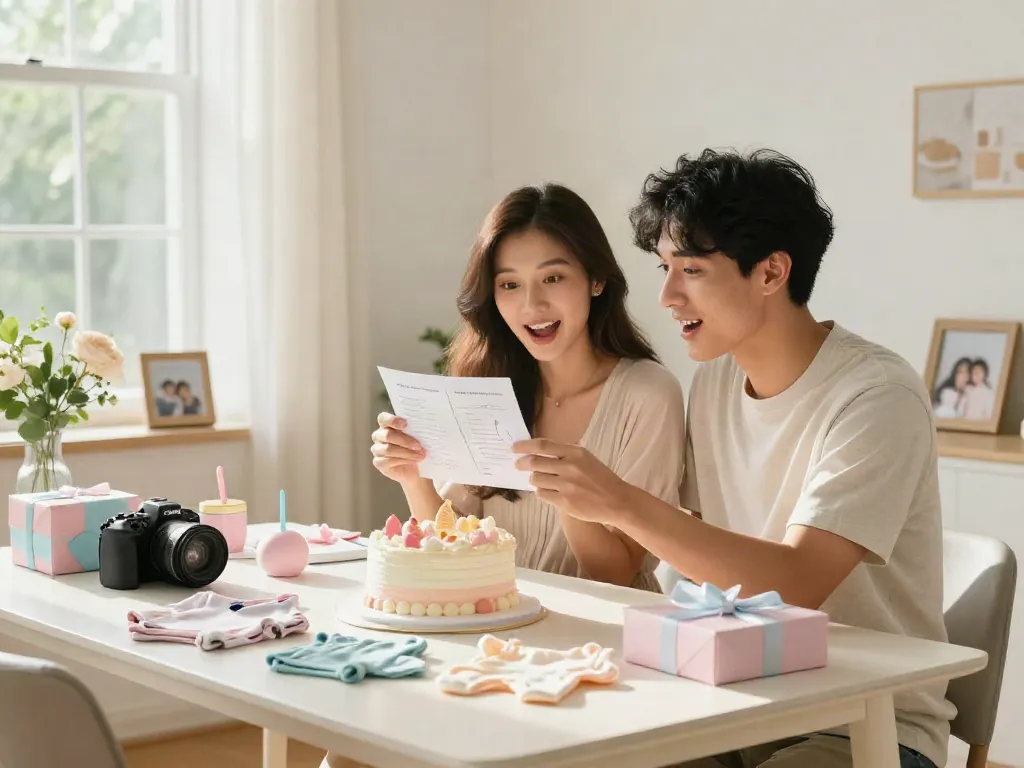 Couple excitedly reviewing sneak peek baby gender results with celebratory decorations.