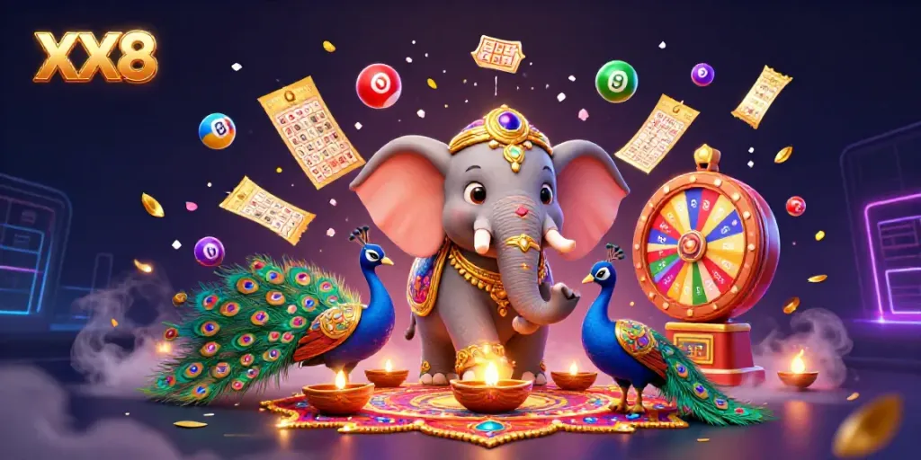 Experience thrilling XX8 gameplay with vibrant casino elements and colorful characters in this dynamic illustration