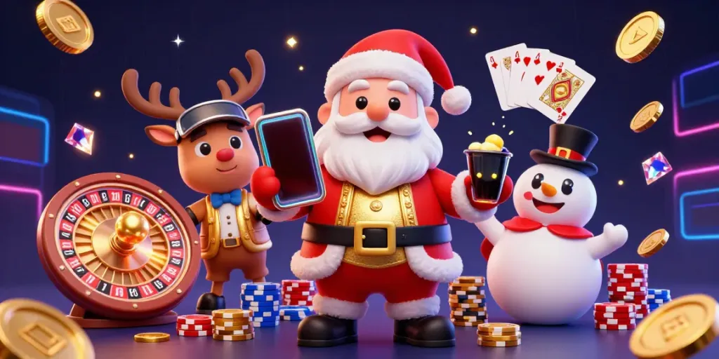 Explore GG88's exciting casino world with Santa and friends surrounded by jackpots and festive elements.