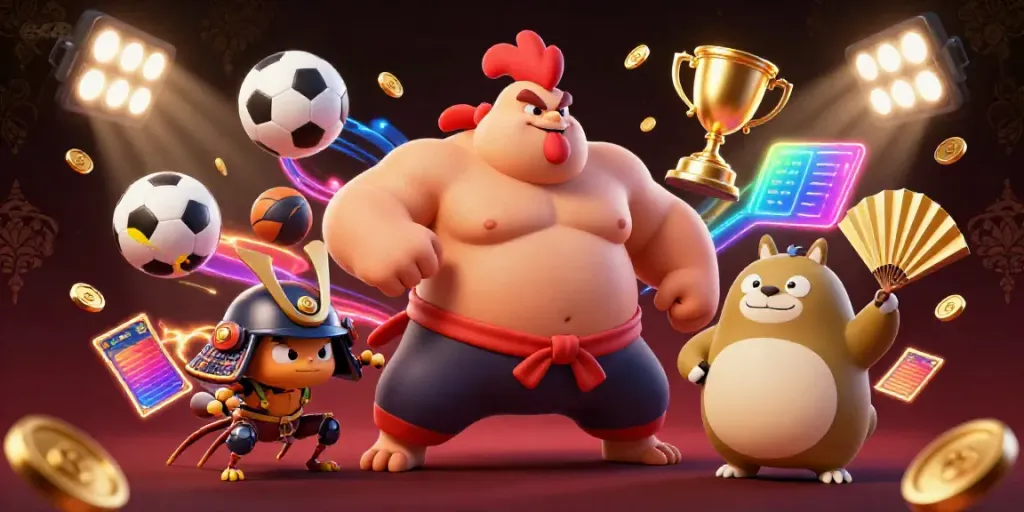 Experience the thrill of ex88 with exciting 3D gaming visuals featuring a sumo wrestler and cricket in an action-packed casino scene.