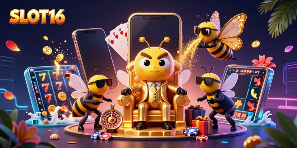 SLOT16 bumblebee mob boss surrounded by game elements in a lively casino scene.