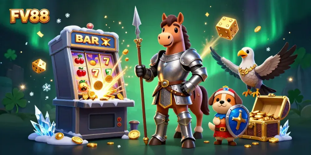 Experience thrilling gaming at FV88 with a vibrant 3D casino scene featuring knights and symbols of luck.