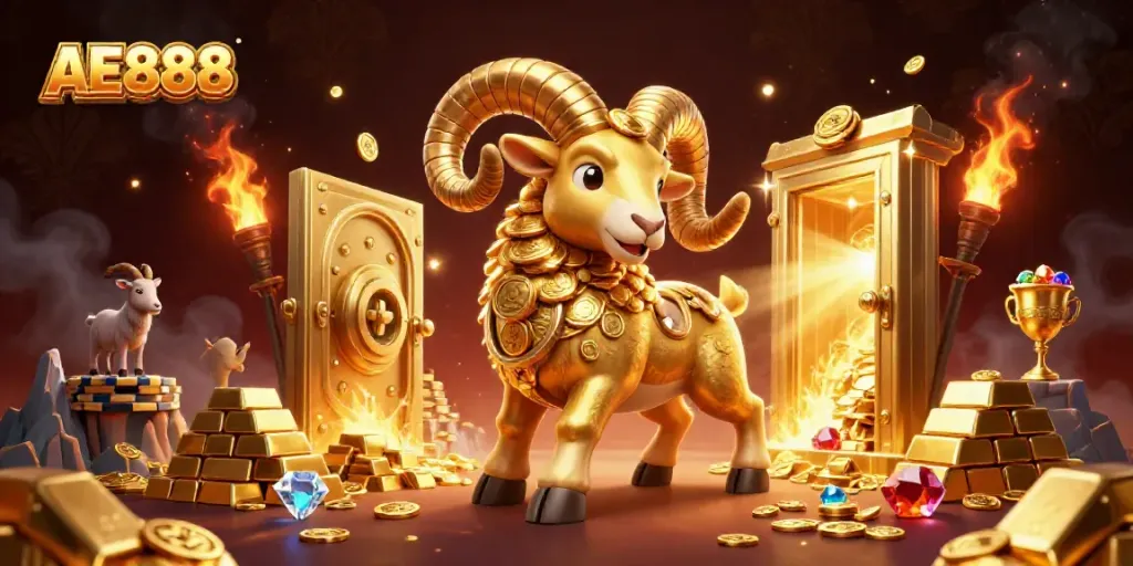 Engage with AE888's exciting casino adventure featuring rich gold elements and dynamic characters.