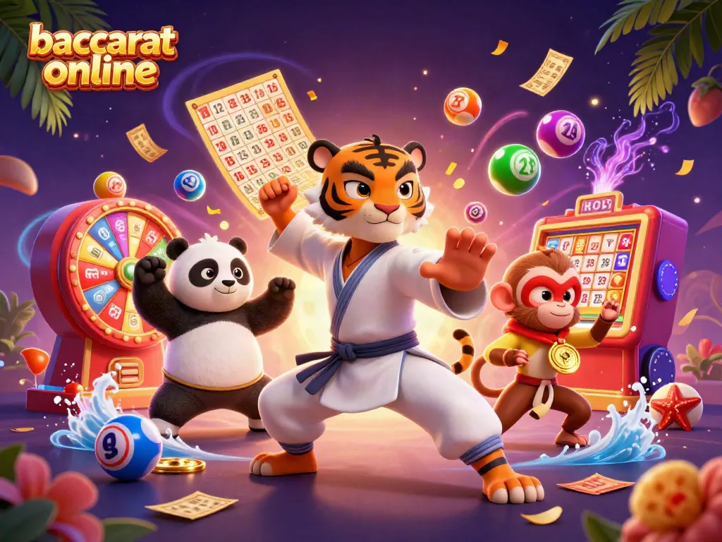 Engage with baccarat online in a vibrant casino scene featuring playful characters and dynamic game elements.
